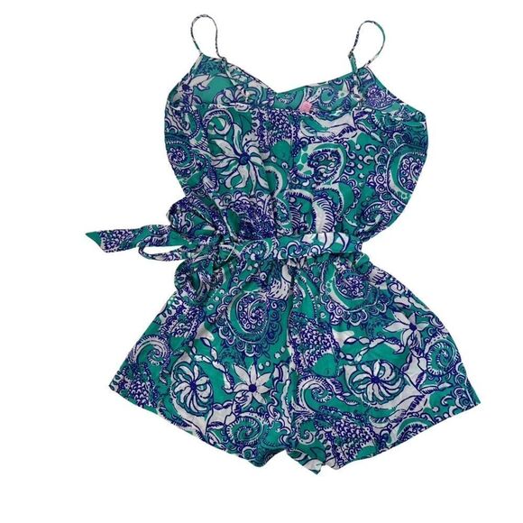 LILLY PULITZER Deanna Montauk Blue Teal White Paisley Printed Satin Romper Sz M - Picture 4 of 6